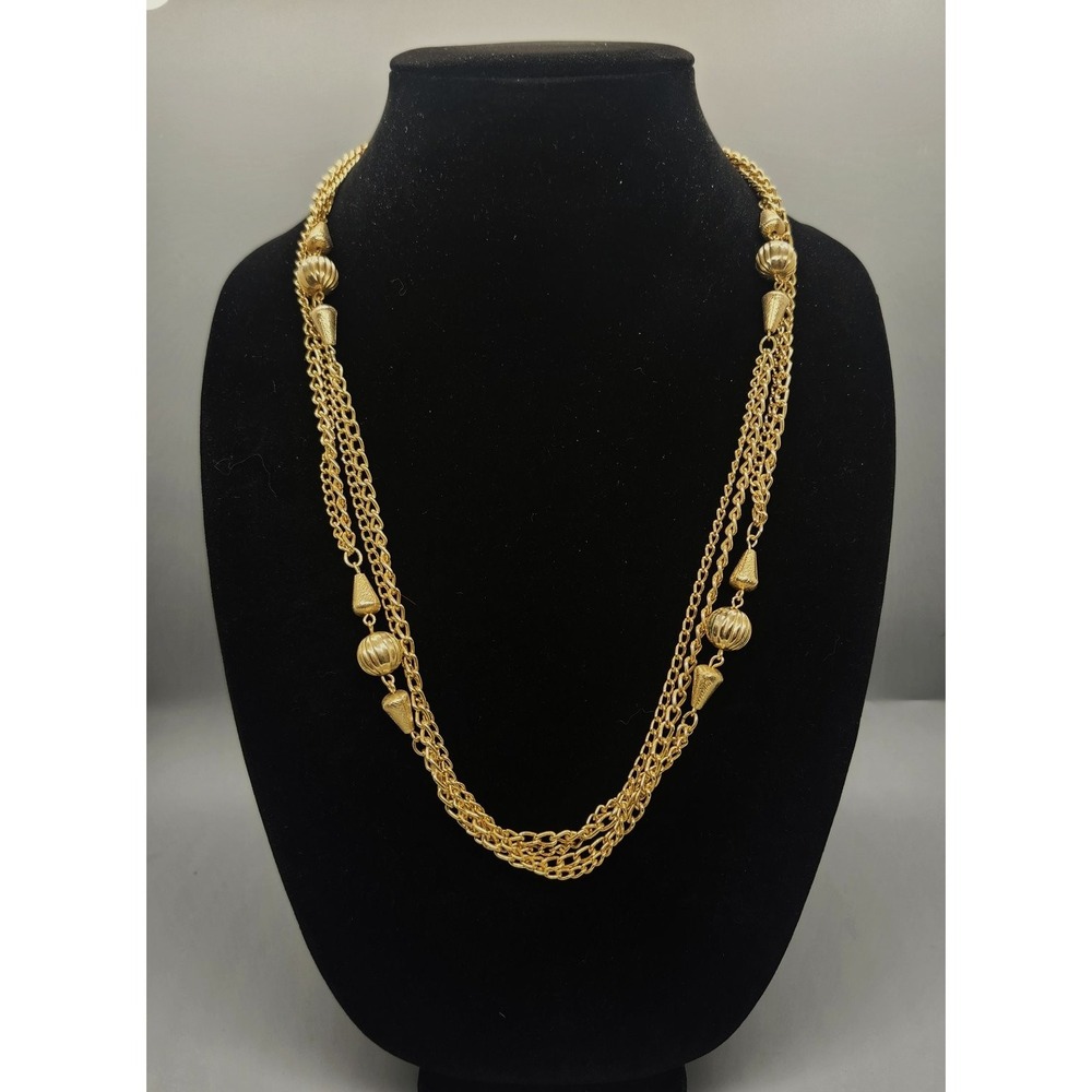 Long Multi-Strand Gold Tone Station Necklace Ribbed Cone Beads Fashion